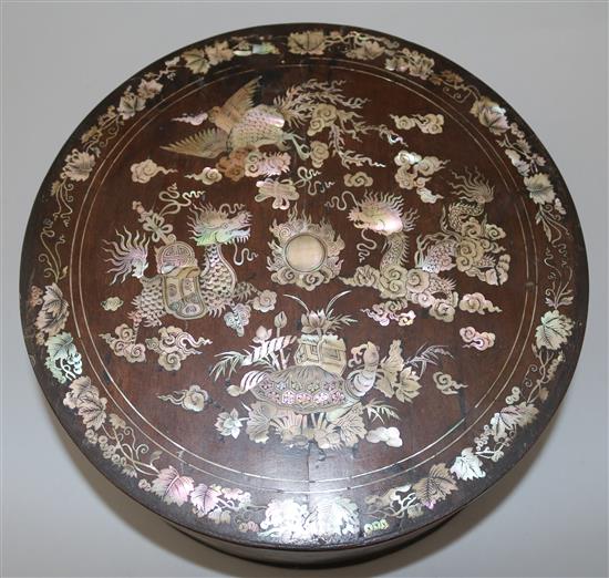 An early 20th century Chinese rosewood and mother of pearl inlaid circular box and cover, diameter 10in.